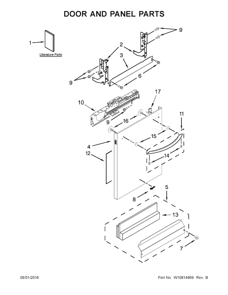Door And Panel Parts Diagram and Parts List for WDT780SAEM1  Whirlpool Dishwasher
