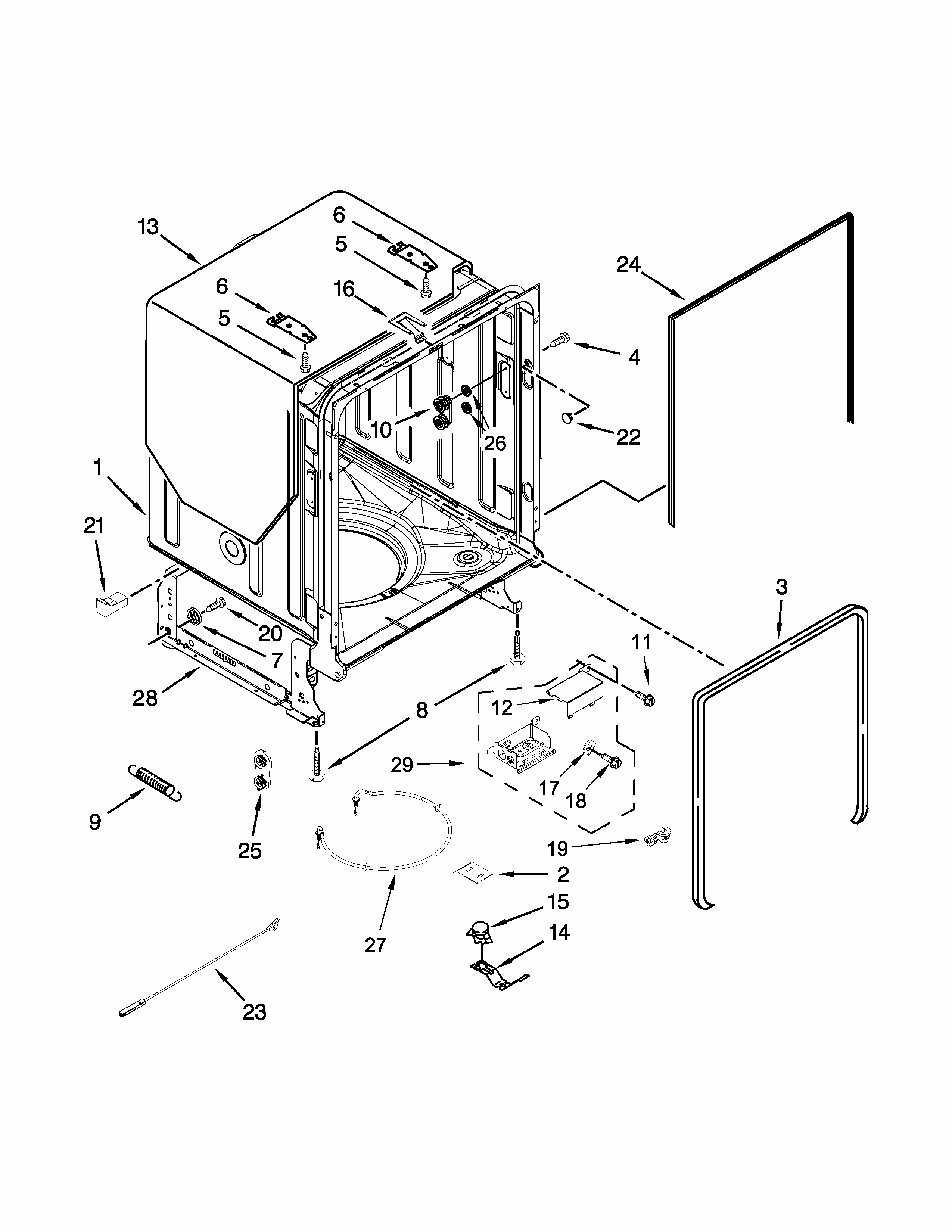 Tub And Frame Parts Diagram and Parts List for 66513229N412  Kenmore Dishwasher
