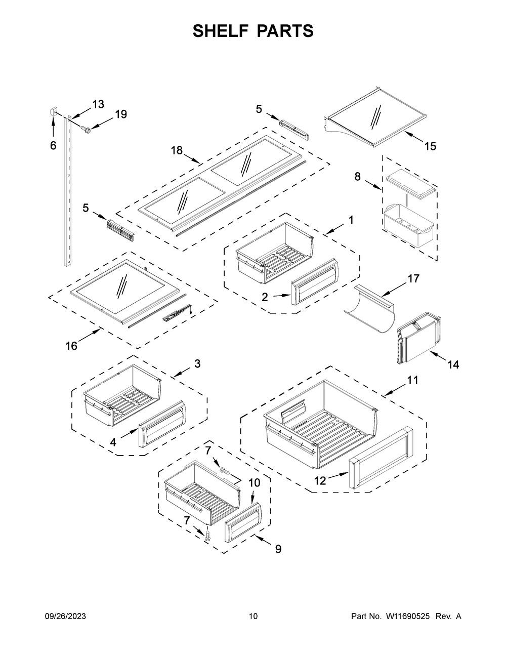 Shelf Parts Diagram and Parts List for KBFN502EPA05  KitchenAid Refrigerator