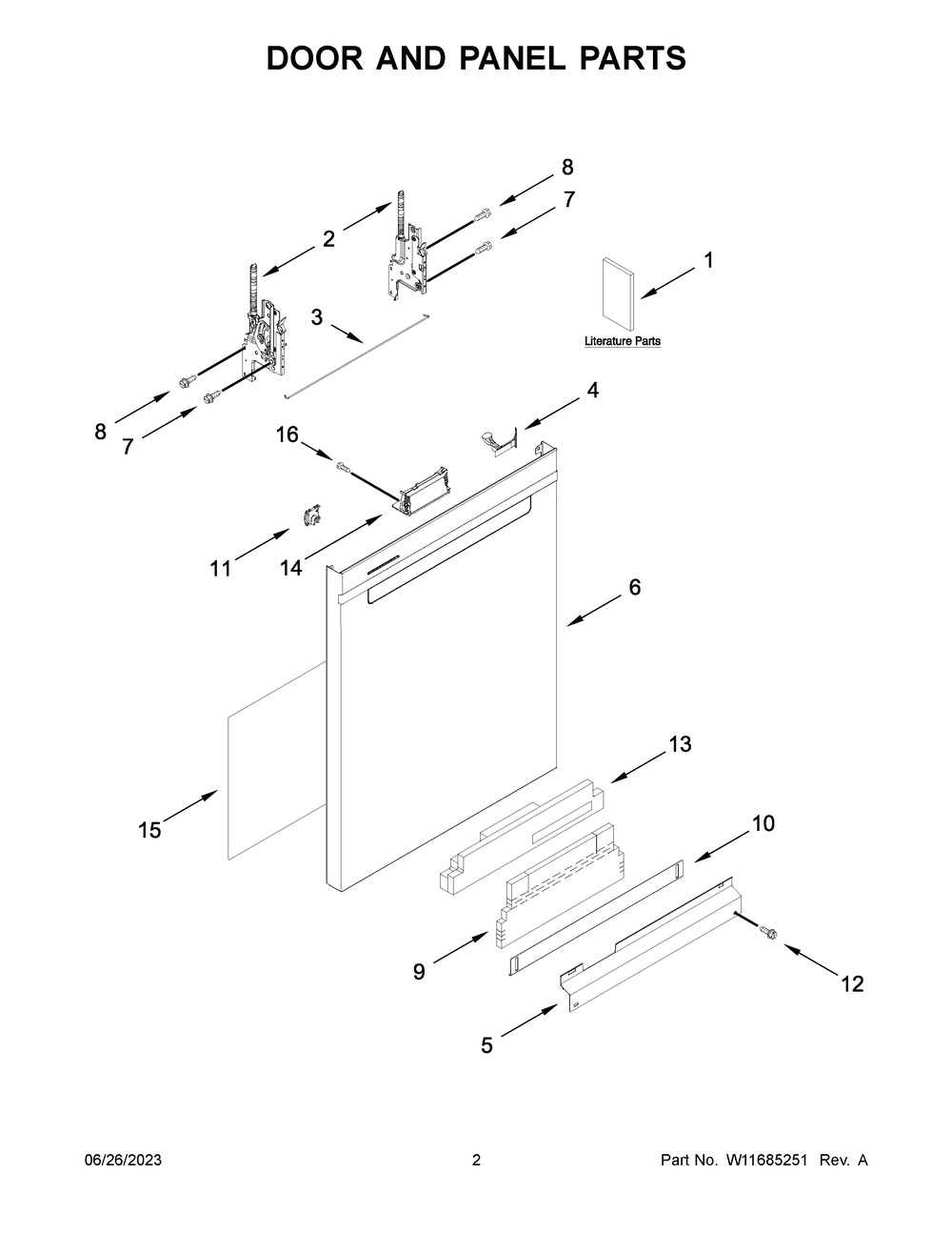 Door And Panel Parts Diagram and Parts List for WDPA70SAMZ2  Whirlpool Dishwasher