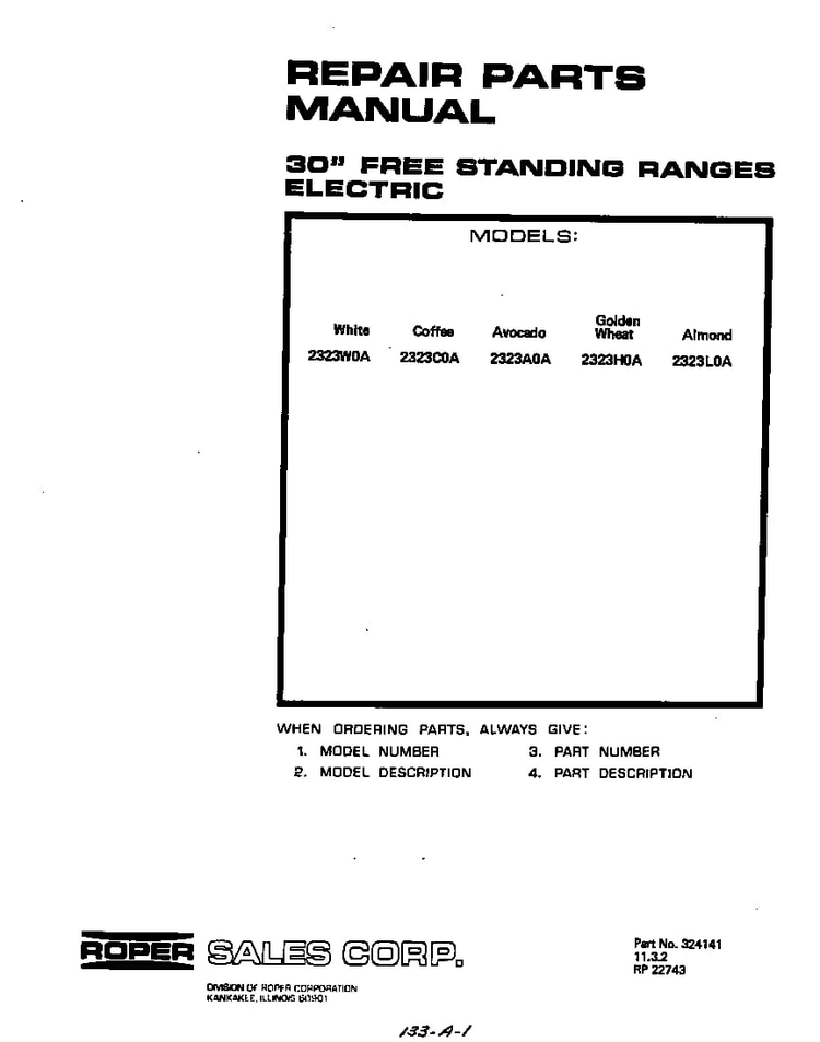 Front Cover Diagram and Parts List for 2323*0A  Roper Range