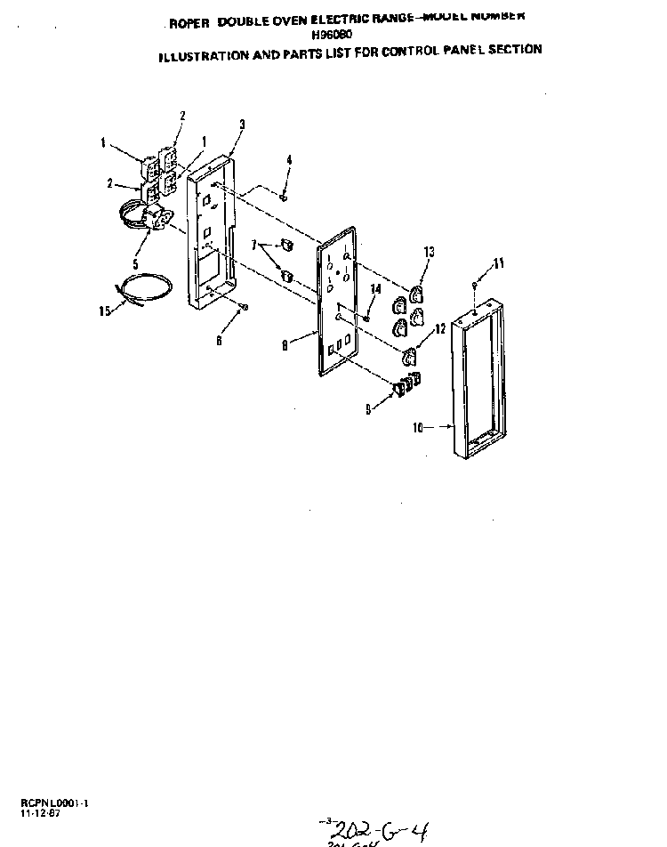 Control Panel Diagram and Parts List for H9608*0  Roper Range