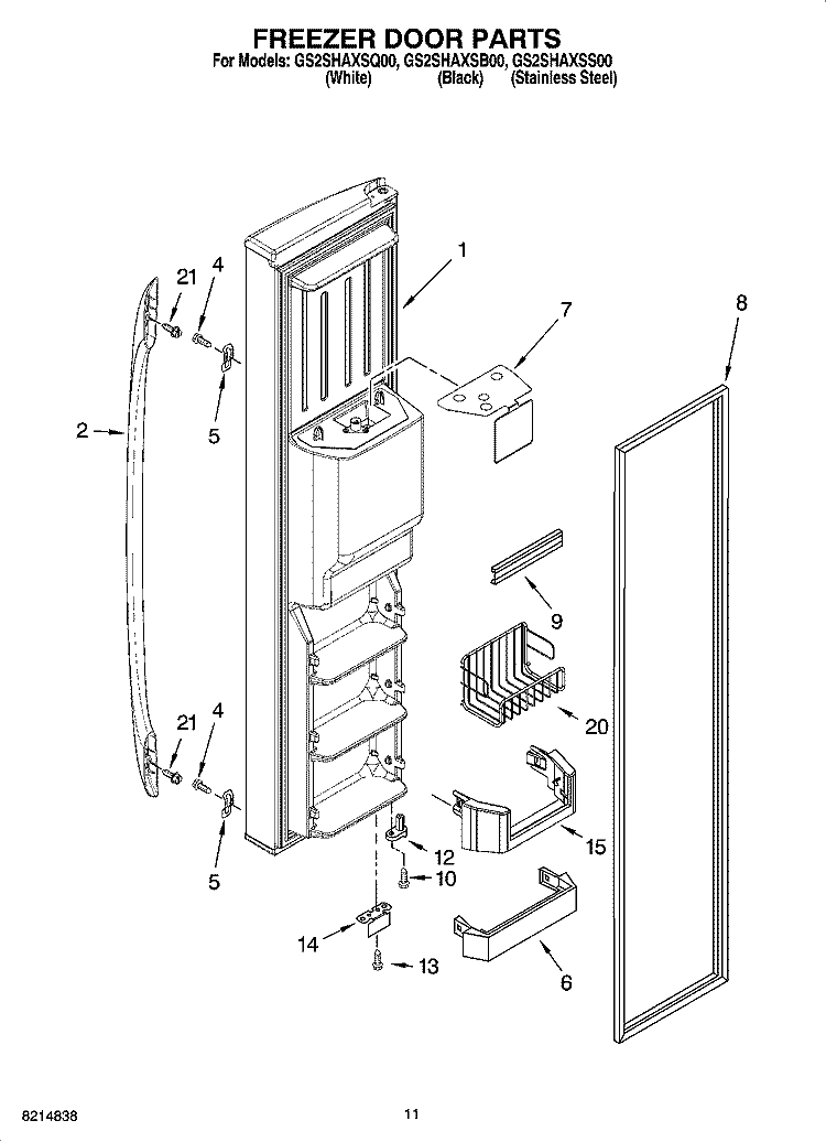 FREEZER DOOR PARTS Diagram and Parts List for GS2SHAXSB00  Whirlpool Refrigerator