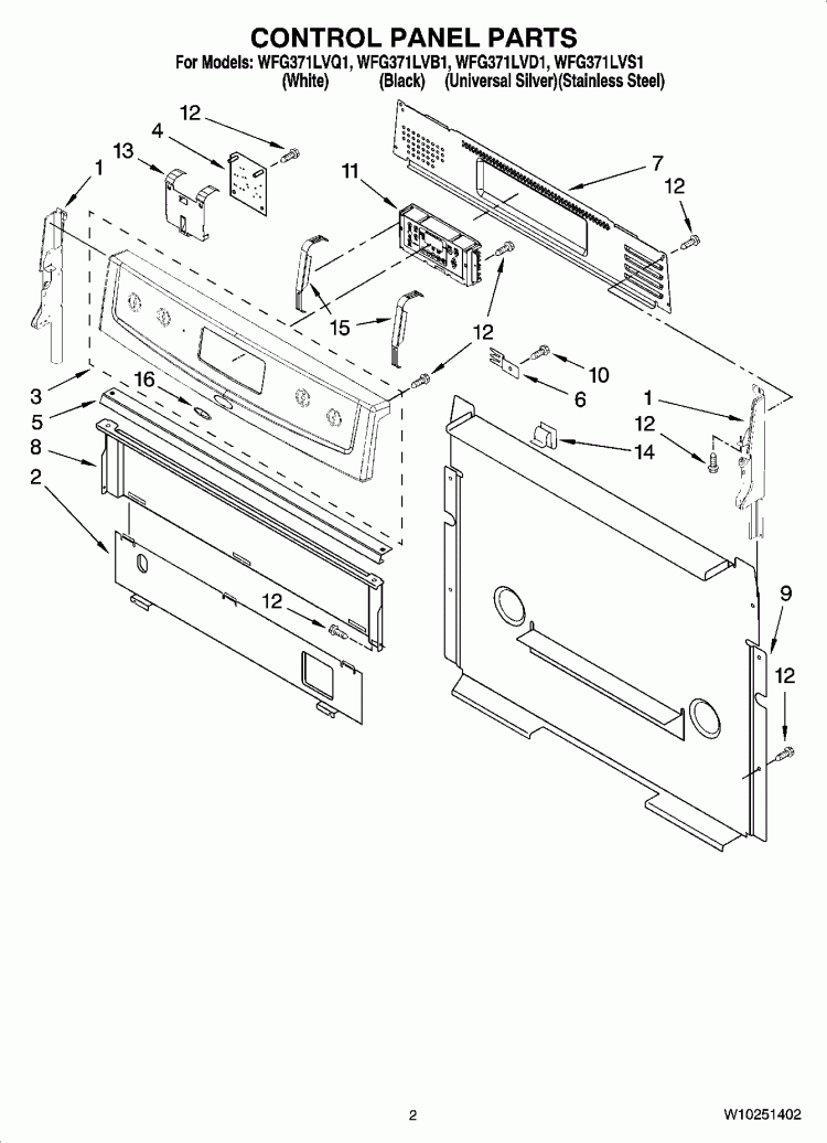 CONTROL PANEL PARTS Diagram and Parts List for WFG371LVQ1  Whirlpool Range