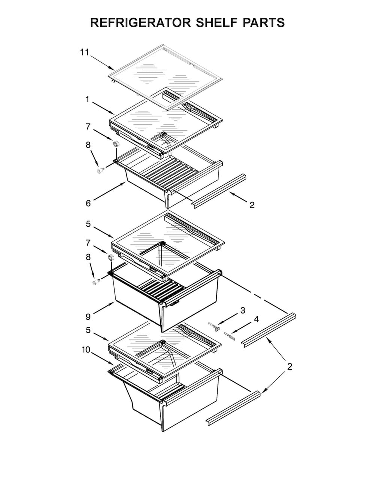 Refrigerator Shelf Parts Diagram and Parts List for WRS571CIDM01  Whirlpool Refrigerator