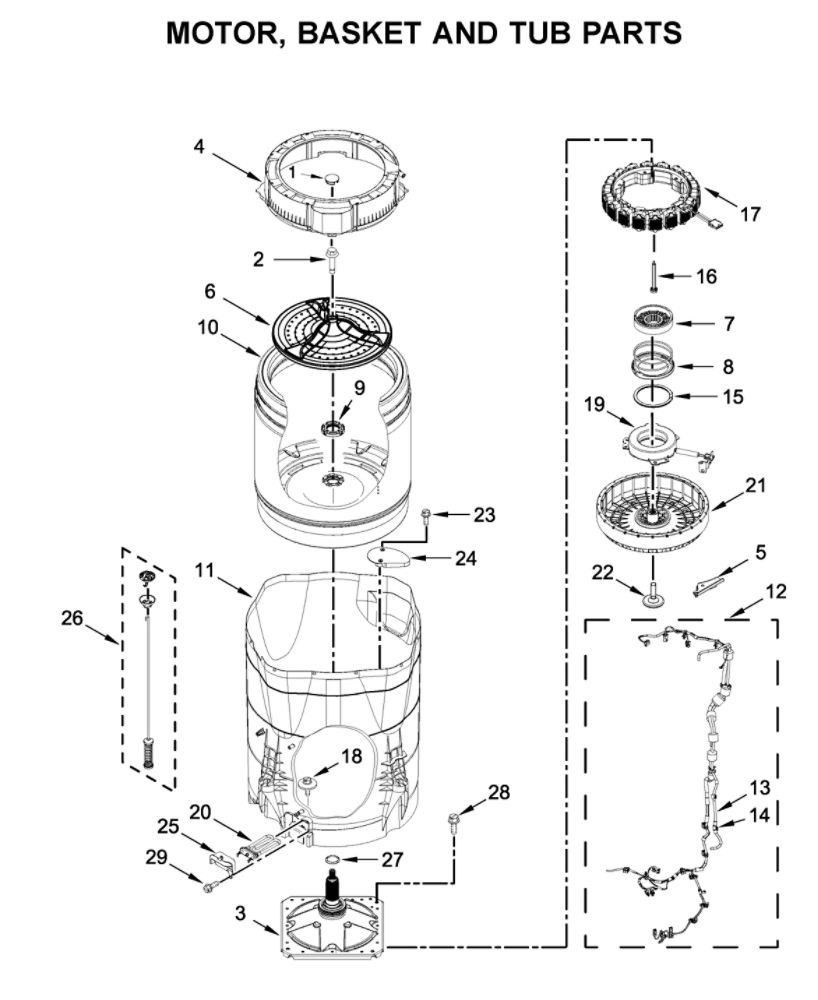 Motor, Basket And Tub Parts Diagram and Parts List for 11031642020  Kenmore Washer