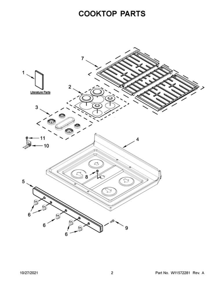 Cooktop Parts Diagram and Parts List for WFG525S0JV2  Whirlpool Range