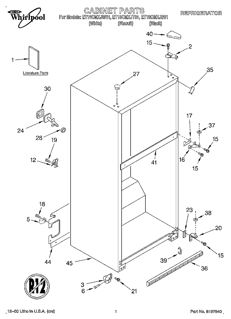 CABINET, LITERATURE Diagram and Parts List for ET18CMXJW01  Whirlpool Refrigerator