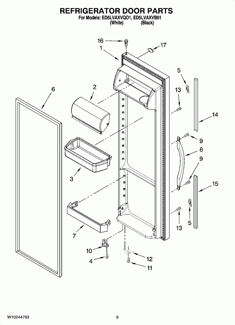 REFRIGERATOR DOOR PARTS Diagram and Parts List for ED5LVAXVB01  Whirlpool Refrigerator