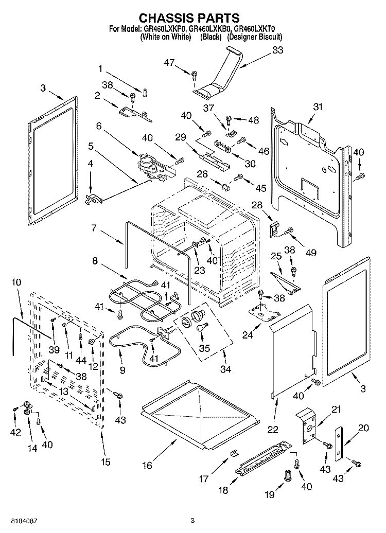 CHASSIS Diagram and Parts List for GR460LXKP0  Whirlpool Range