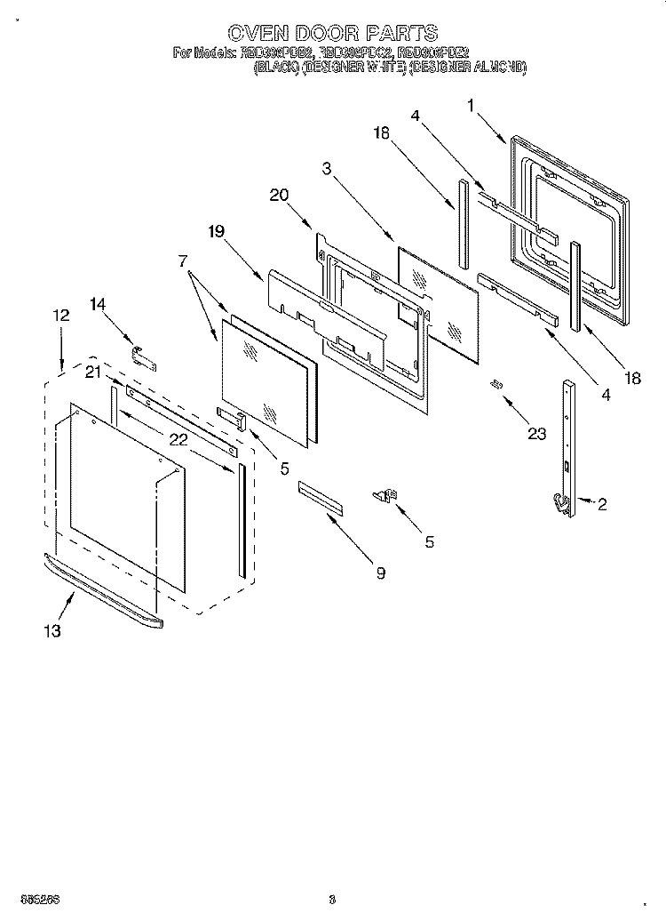 OVEN DOOR Diagram and Parts List for RBD306PDB2  Whirlpool Wall Oven