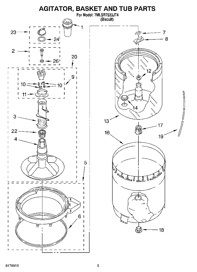 AGITATOR, BASKET AND TUB Diagram and Parts List for 7MLSR7533JT4  Whirlpool Washer