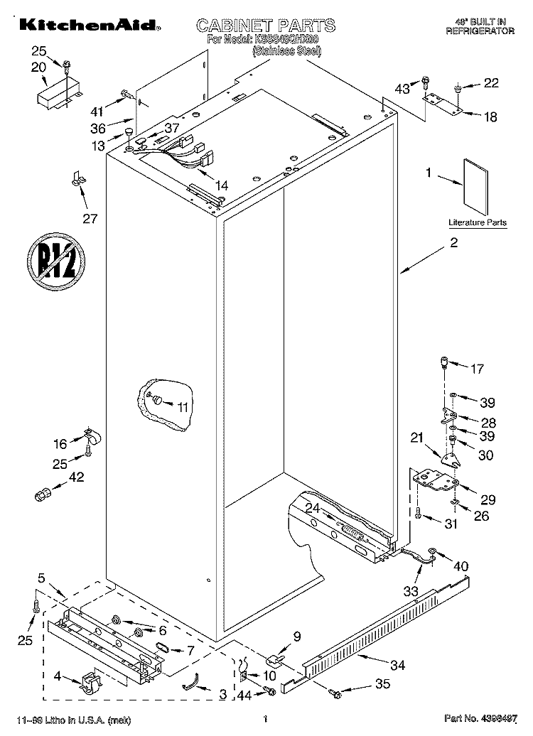 CABINET, LITERATURE Diagram and Parts List for KSSS48QHX00  KitchenAid Refrigerator