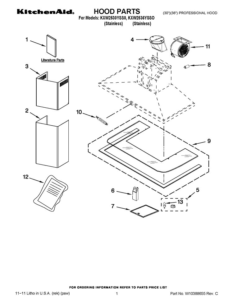 HOOD PARTS Diagram and Parts List for KXW2530YSS0  KitchenAid Range Hood