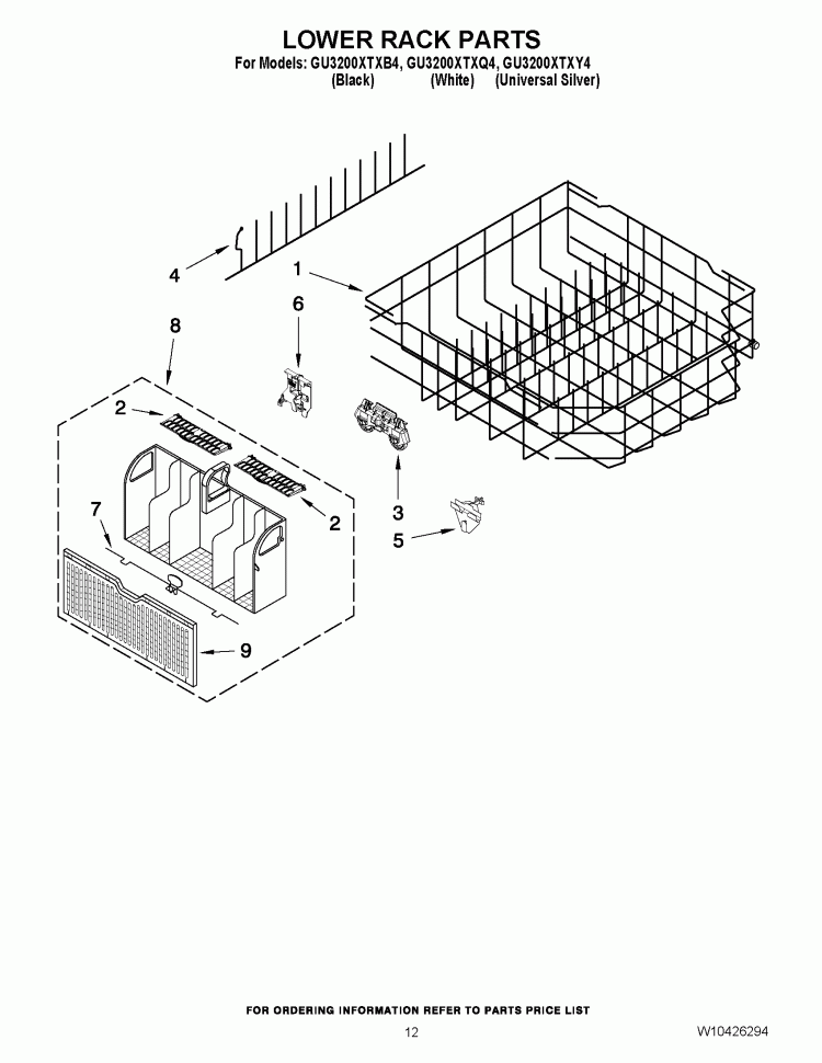 LOWER RACK PARTS Diagram and Parts List for GU3200XTXB3  Whirlpool Dishwasher