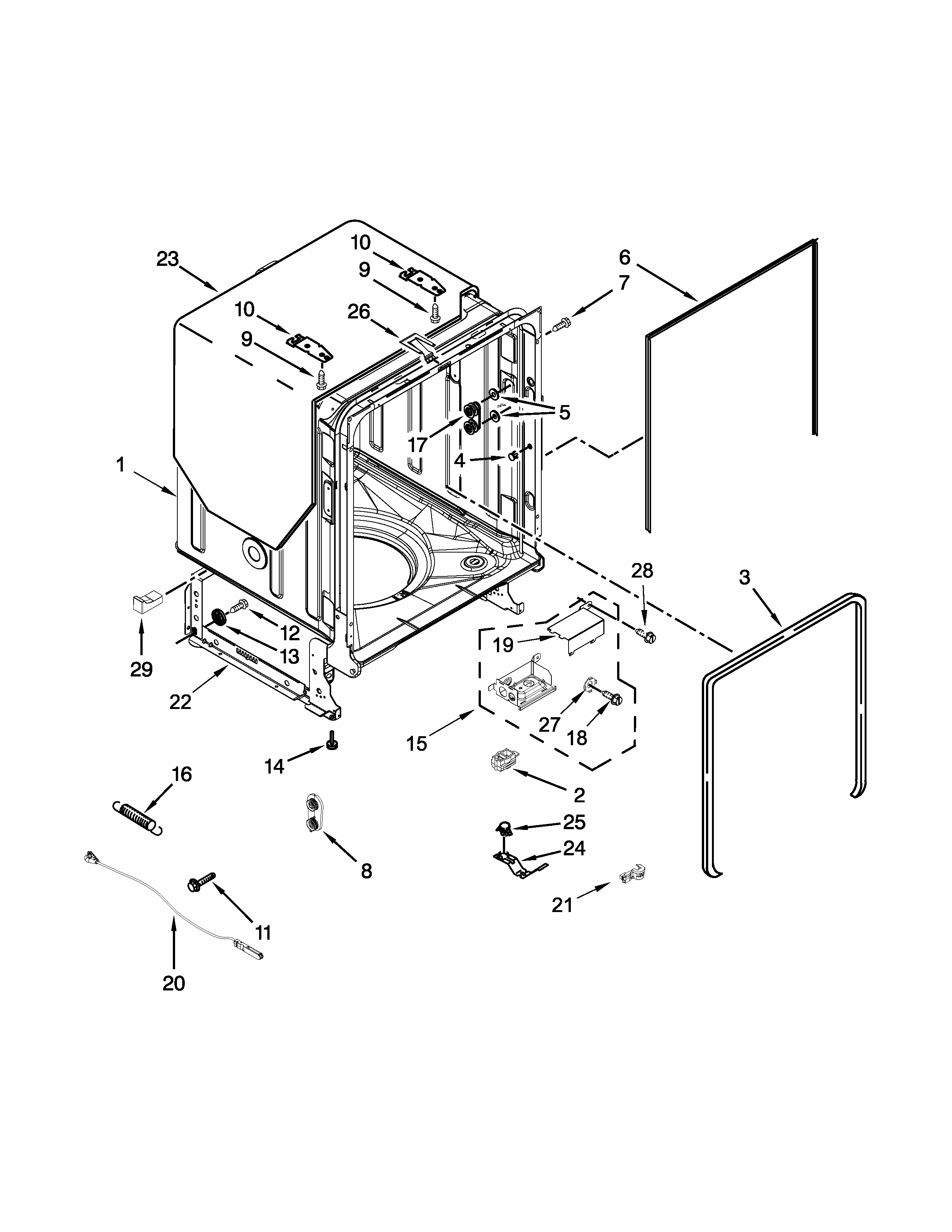 Tub And Frame Parts Diagram and Parts List for IUD7555DS1  Whirlpool Dishwasher