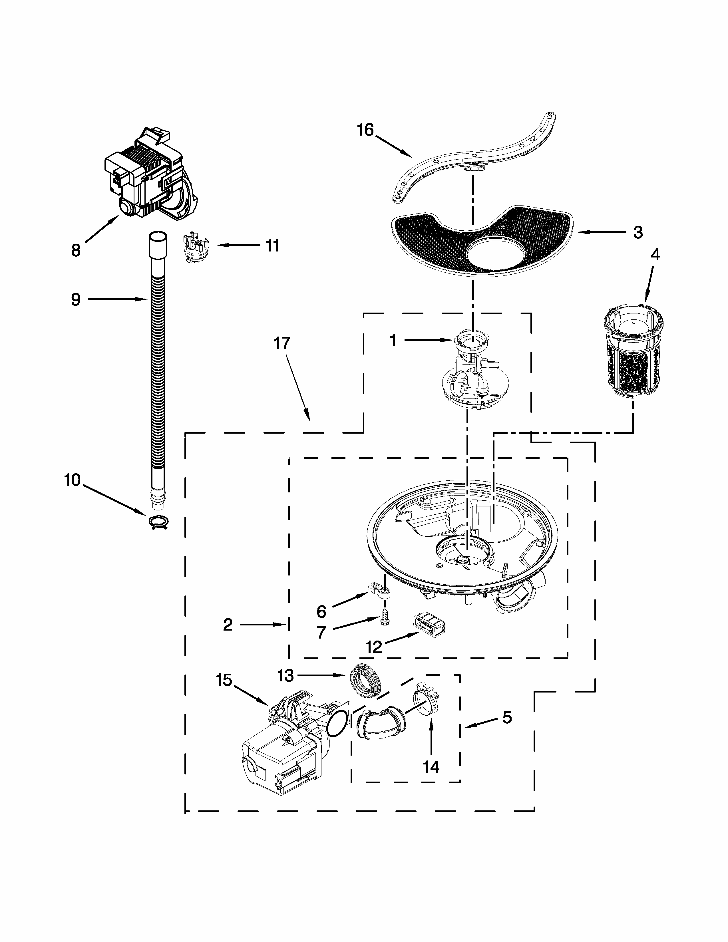 Pump, Washarm And Motor Parts Diagram and Parts List for 66514312N412  Kenmore Dishwasher