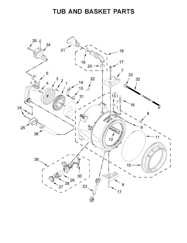 Tub And Basket Parts Diagram and Parts List for WFW85HEFW1  Whirlpool Washer