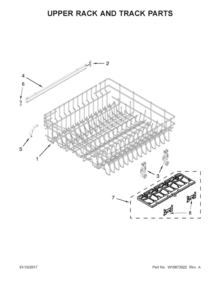 Upper Rack And Track Parts Diagram and Parts List for WDF540PADB3  Whirlpool Dishwasher