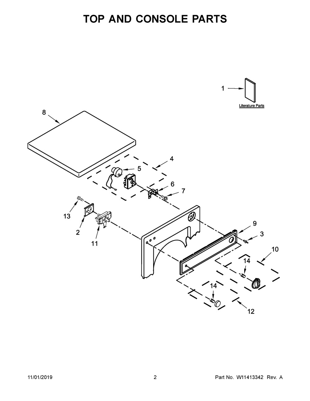 Top And Console Parts Diagram and Parts List for 8TLDR3822HQ0  Whirlpool Dryer