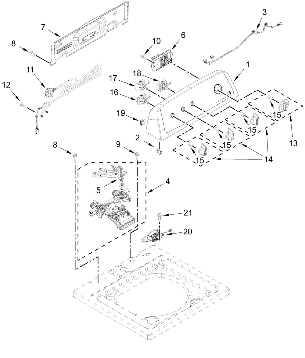 Controls And Water Inlet Parts Diagram and Parts List for 4KNTW3200JW2  Whirlpool Washer