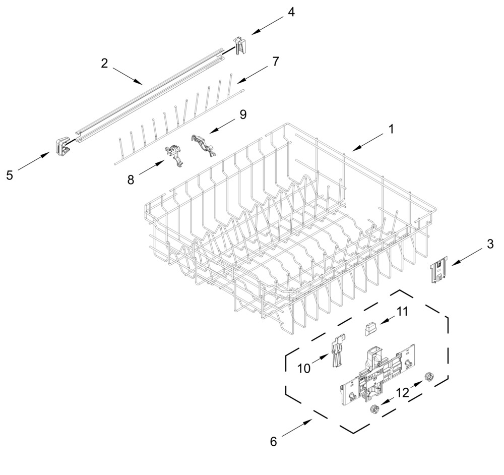 Upper Rack And Track Parts Diagram and Parts List for WDT750SAKZ4  Whirlpool Dishwasher