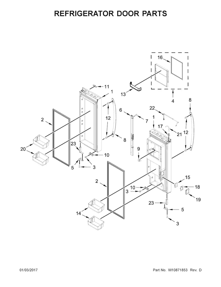 Refrigerator Door Parts Diagram and Parts List for WRF993FIFM00  Whirlpool Refrigerator