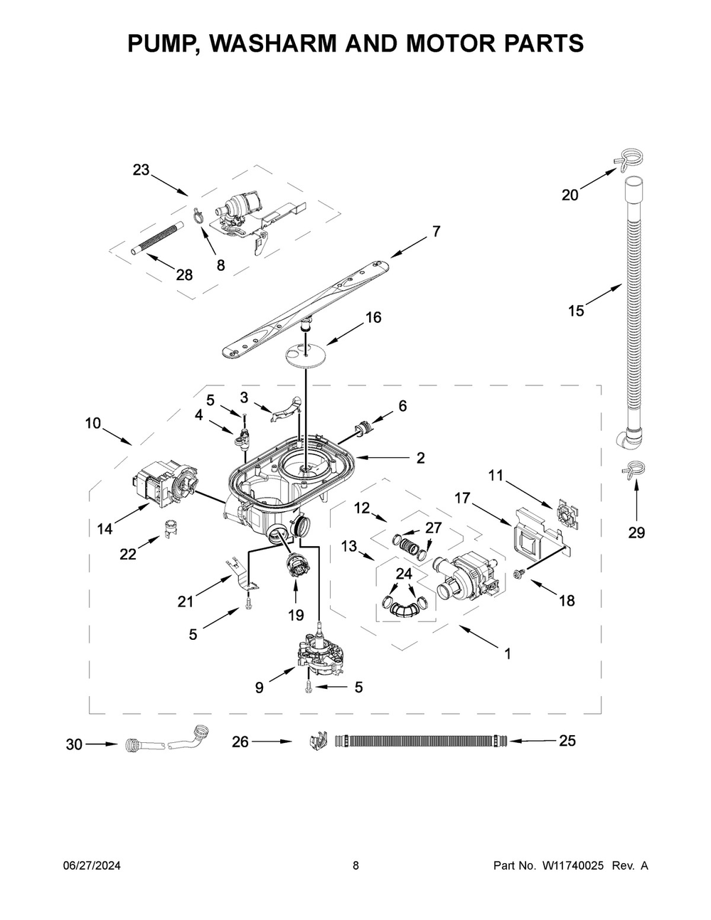 05 - Pump, Washarm And Motor Parts Diagram and Parts List for BLB14GRANA3  Whirlpool Dishwasher