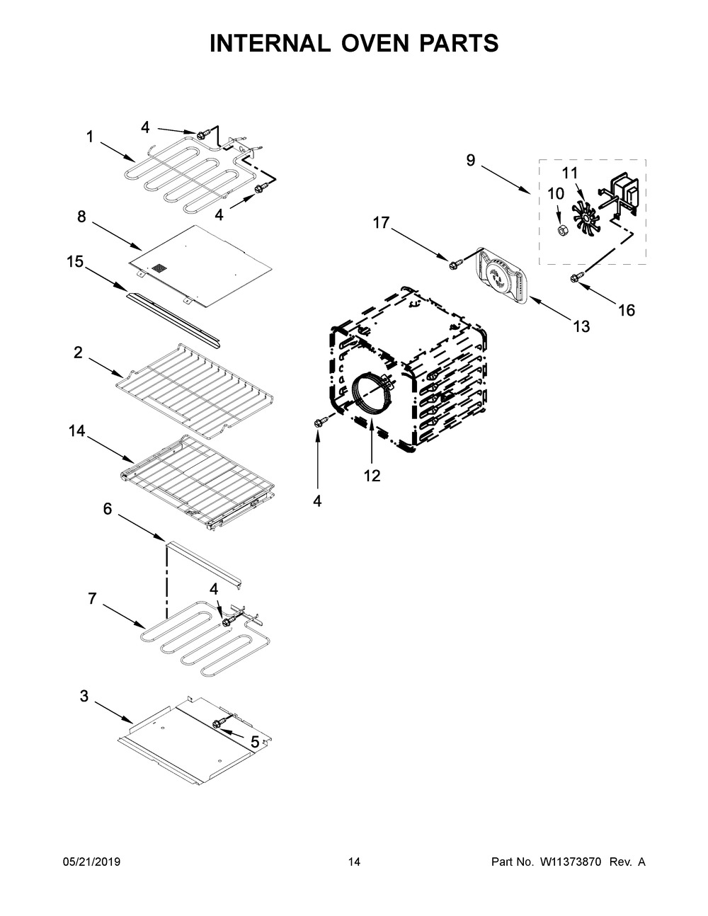 Internal Oven Parts Diagram and Parts List for KOCE507EBS06  Whirlpool Microwave Oven Combo