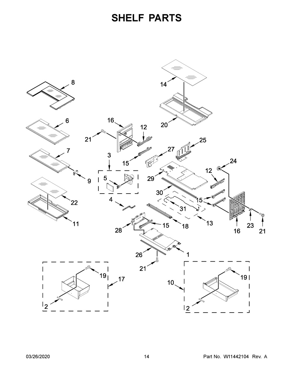 Shelf Parts Diagram and Parts List for WRF954CIHZ03  Whirlpool Refrigerator
