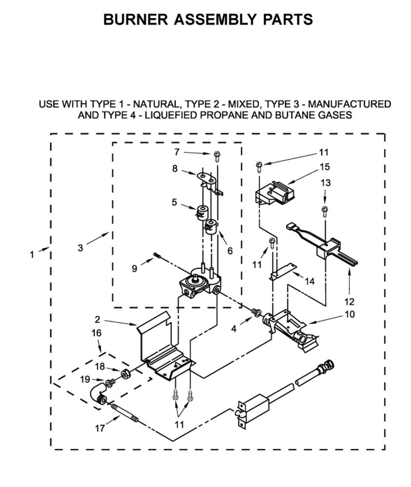 Burner Assembly Diagram and Parts List for WGT4027HW0  Whirlpool Washer Dryer Combo