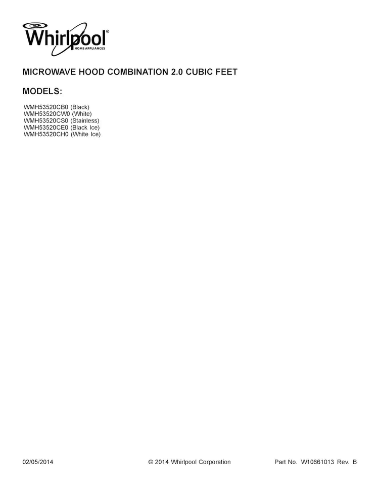 Cover Sheet Diagram and Parts List for WMH53520CW0  Whirlpool Microwave