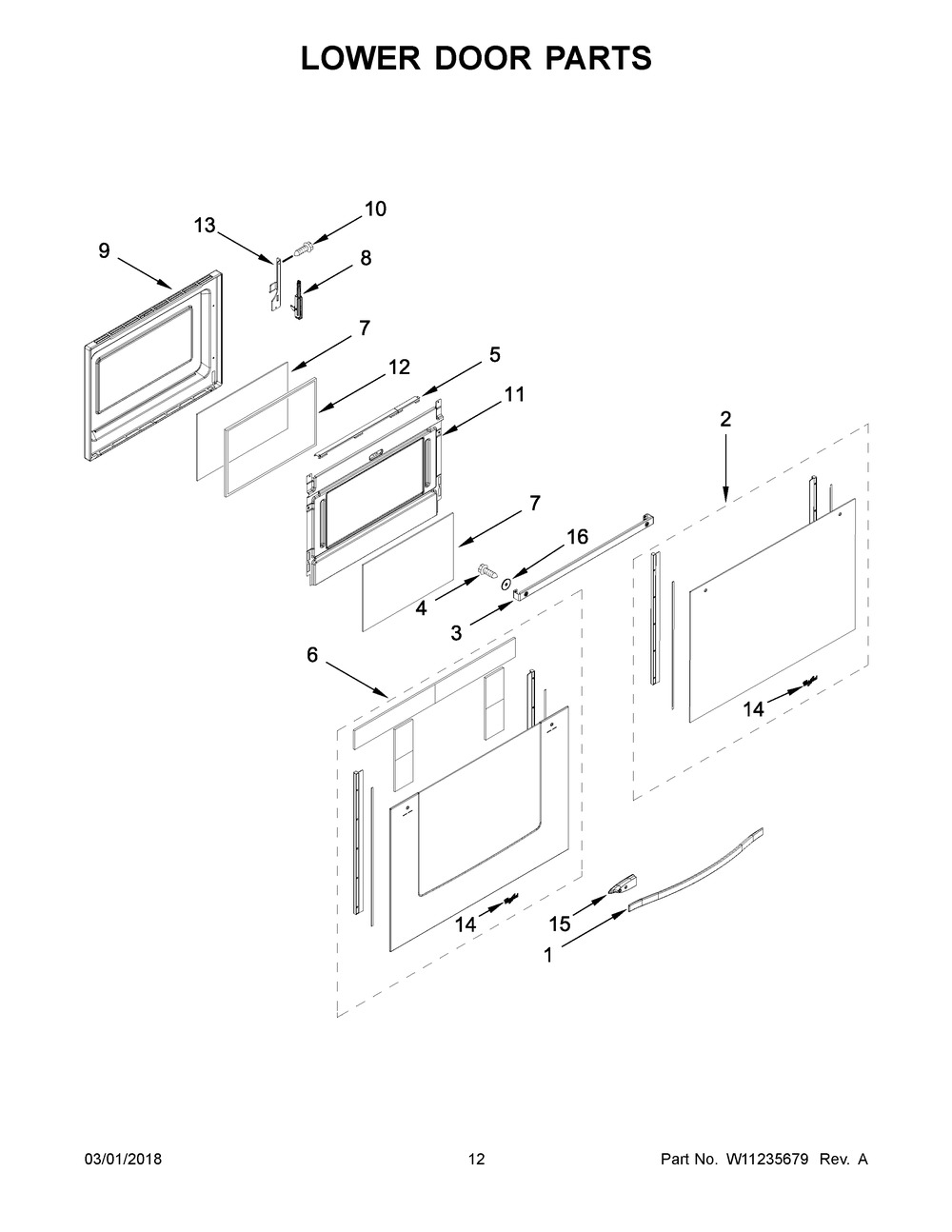 Lower Door Parts Diagram and Parts List for WGE745C0FS01  Whirlpool Range