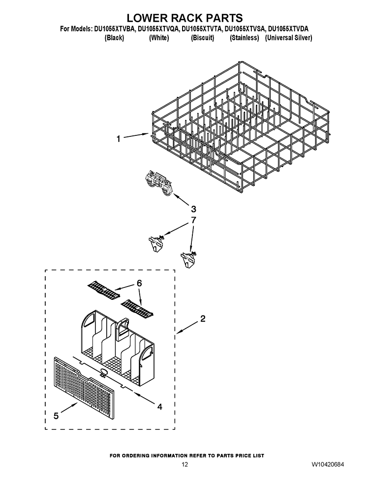 LOWER RACK PARTS Diagram and Parts List for DU1055XTVDA  Whirlpool Dishwasher