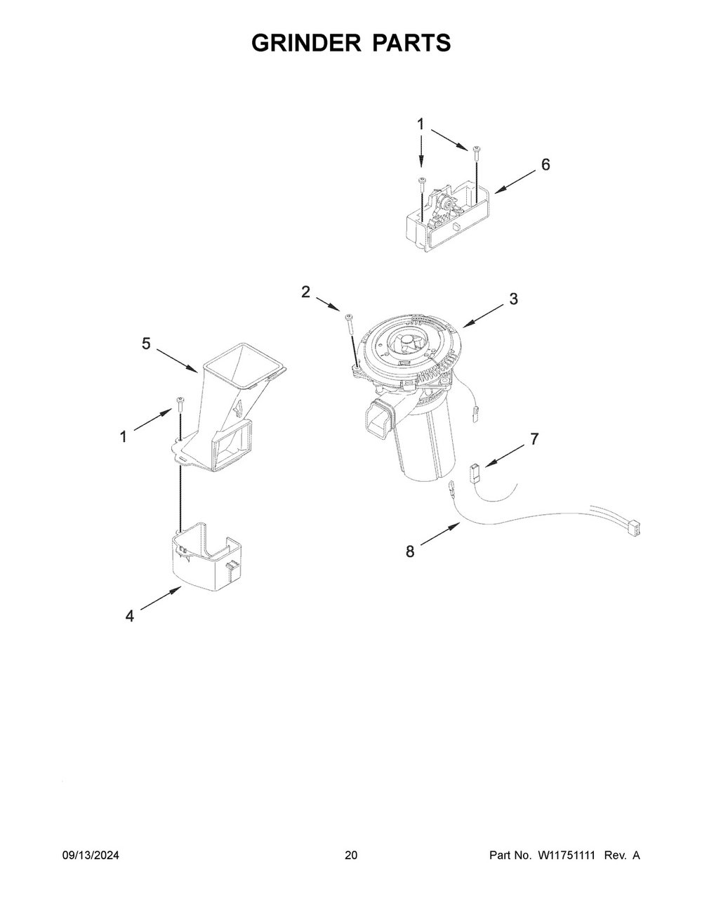 11 - Grinder Parts Diagram and Parts List for 5KES8558EJP0  Whirlpool Coffee Maker