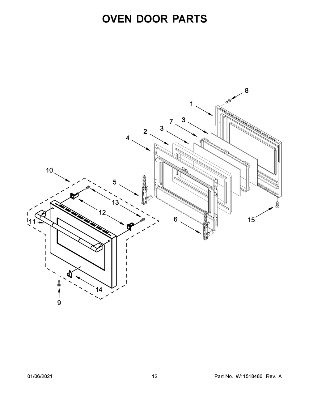 Oven Door Parts Diagram and Parts List for JDSP536HL01  Whirlpool Range