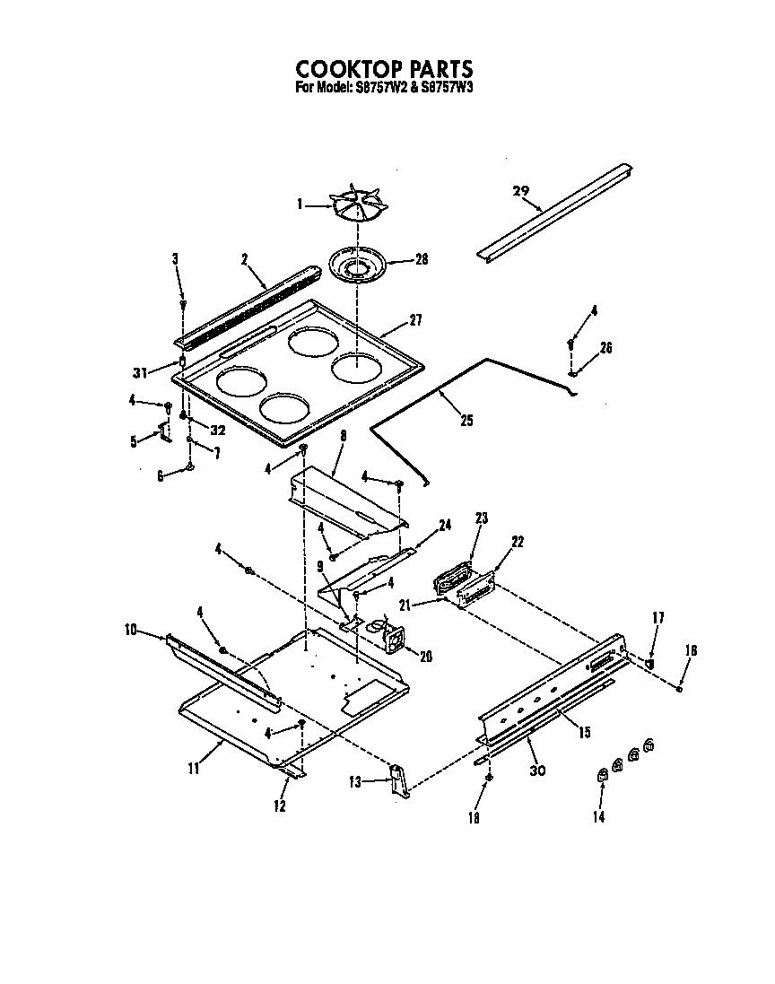 Cooktop Diagram and Parts List for S8757*3  Roper Range