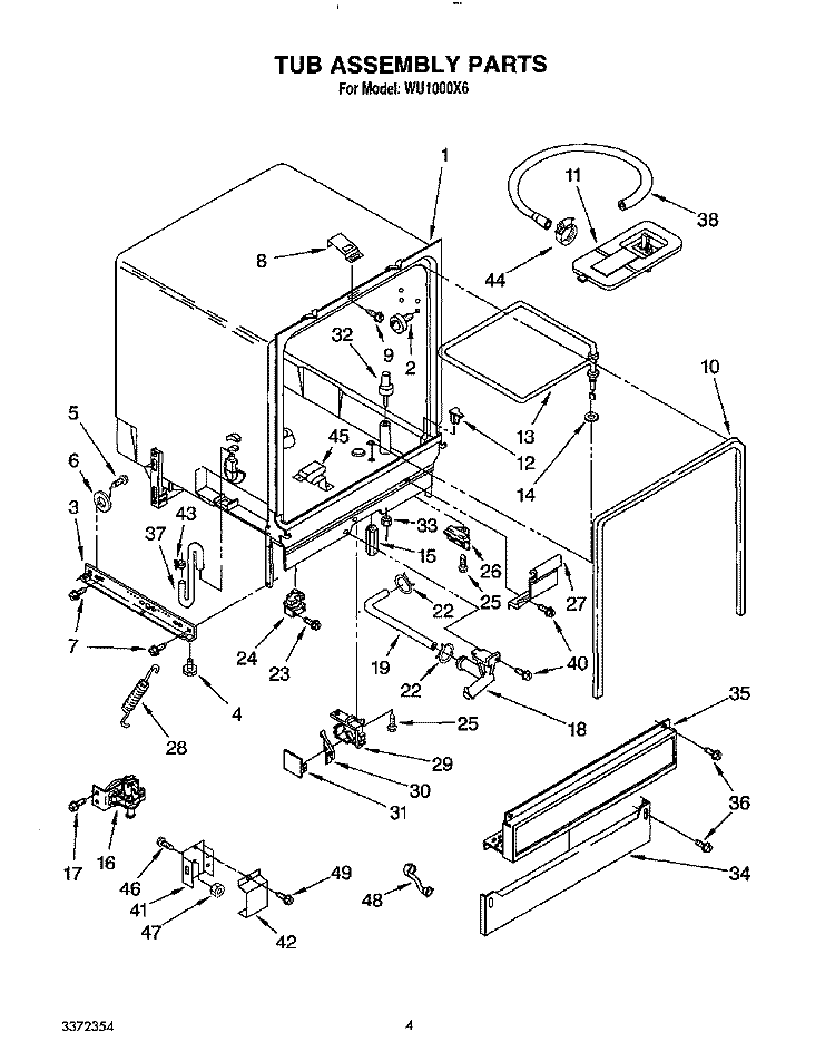 TUB, LIT/OPTIONAL Diagram and Parts List for WU1000X6  Roper Dishwasher