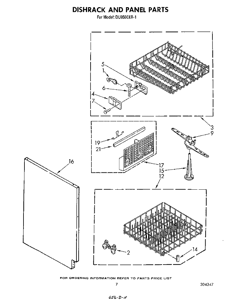 DISHRACK AND PANEL Diagram and Parts List for DU9500XR1  Whirlpool Dishwasher