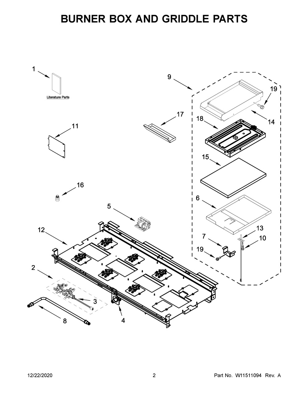 Burner Box And Griddle Parts Diagram and Parts List for KFDC558JSS01  Whirlpool Range
