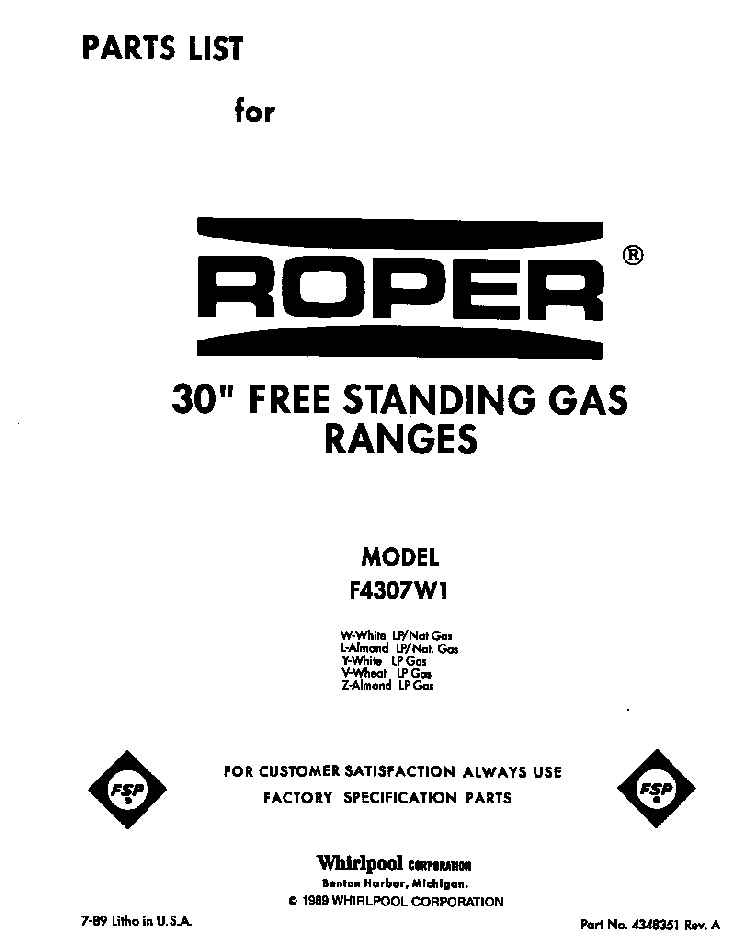 Front Cover Diagram and Parts List for F4307*1  Roper Range