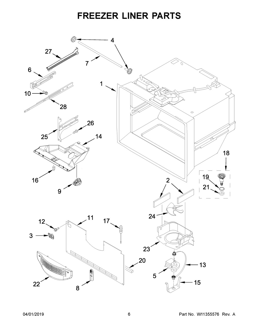 Freezer Liner Parts Diagram and Parts List for WRF532SNHV01  Whirlpool Refrigerator