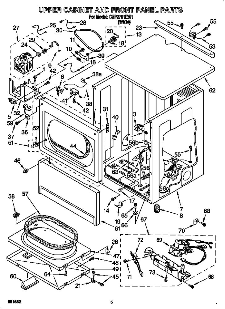 Upper Cabinet And Front Panel Diagram and Parts List for CSP2761EW1  Whirlpool Dryer