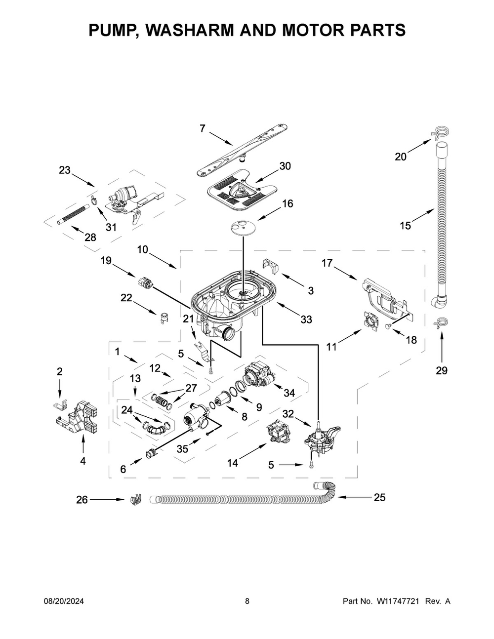 05 - Pump, Washarm And Motor Parts Diagram and Parts List for KDPM804KBS3  Whirlpool Dishwasher