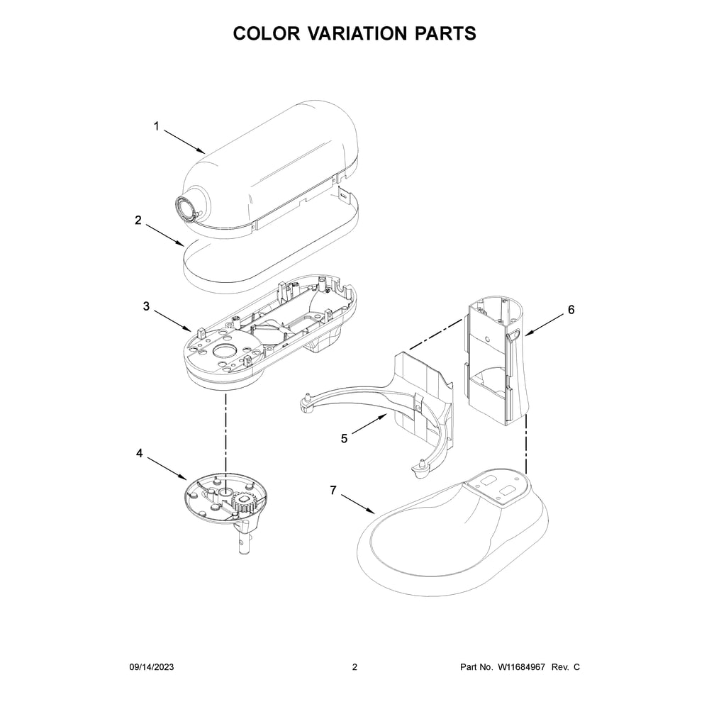 Color Variation Parts Diagram and Parts List for 9KSM5580XWH0  KitchenAid Mixer