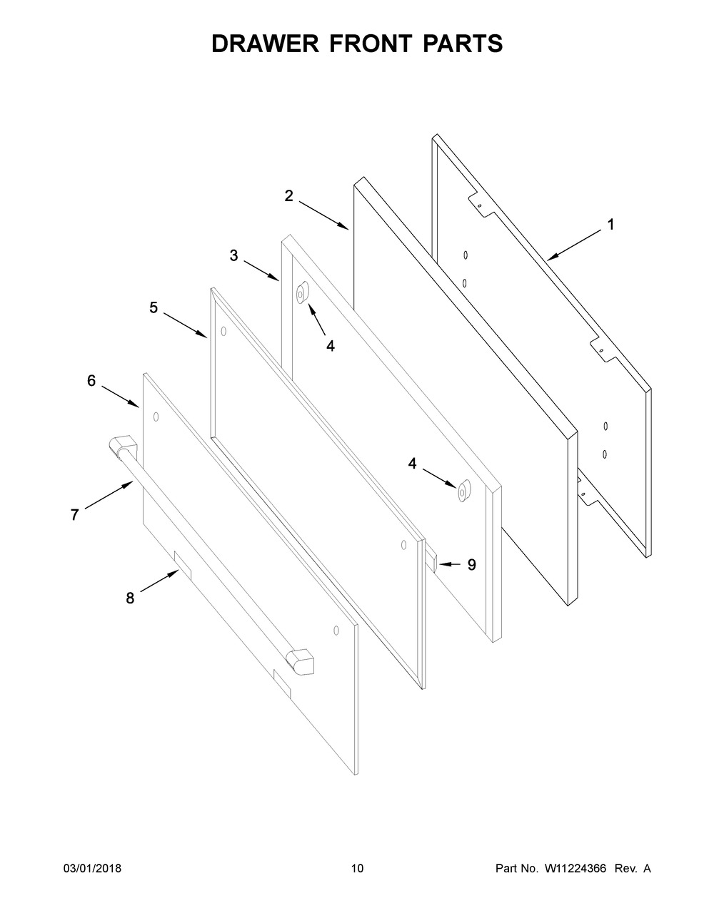 Drawer Front Parts Diagram and Parts List for WFG500M4HS0  Whirlpool Range