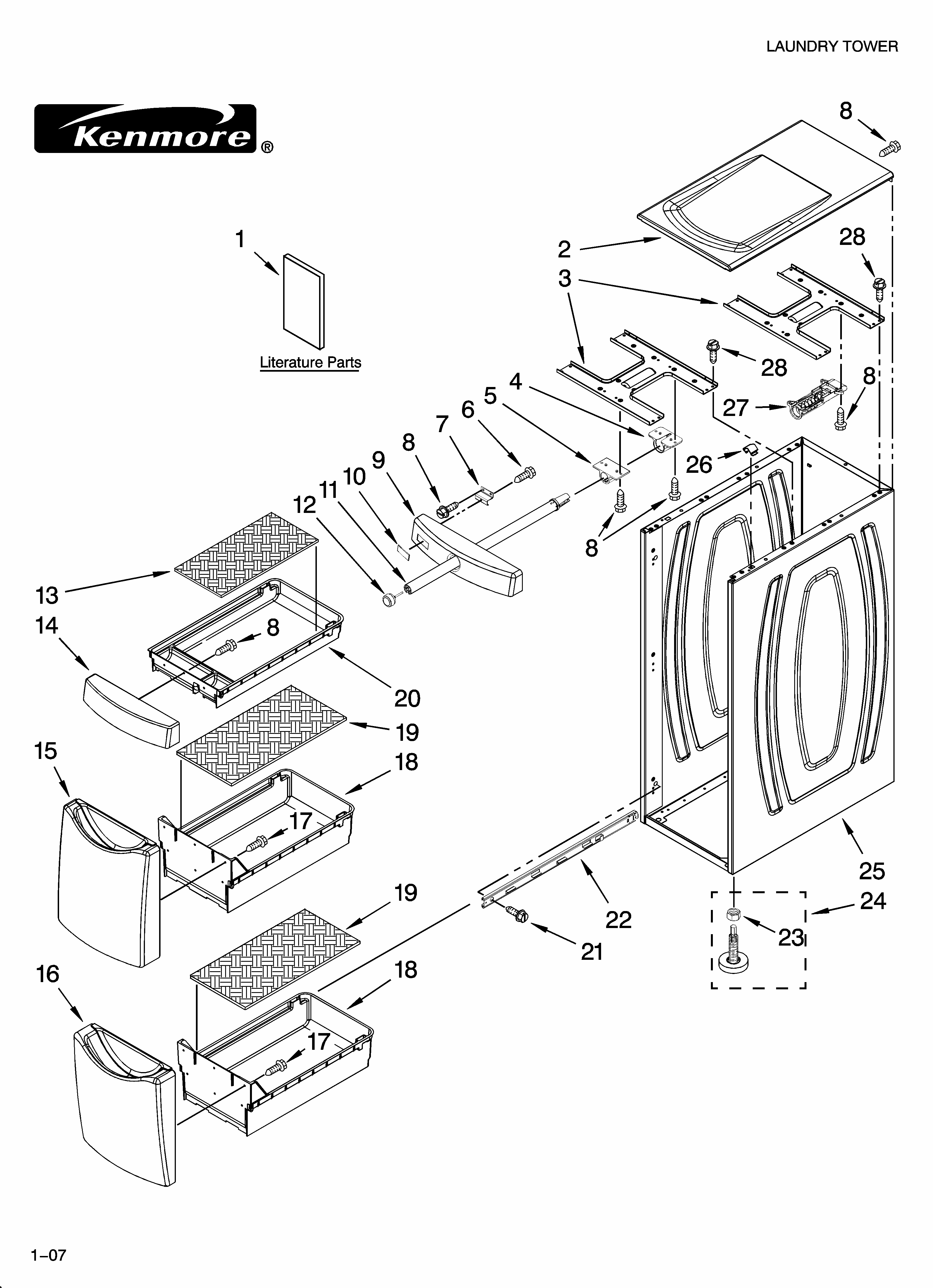 Cabinet And Drawer Parts Diagram and Parts List for 11010049600  Kenmore Laundry Accessories