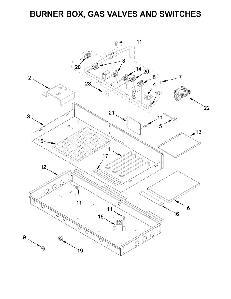 Burner Box, Gas Valves And Switches Diagram and Parts List for KGCU483VSS02  KitchenAid Cooktop