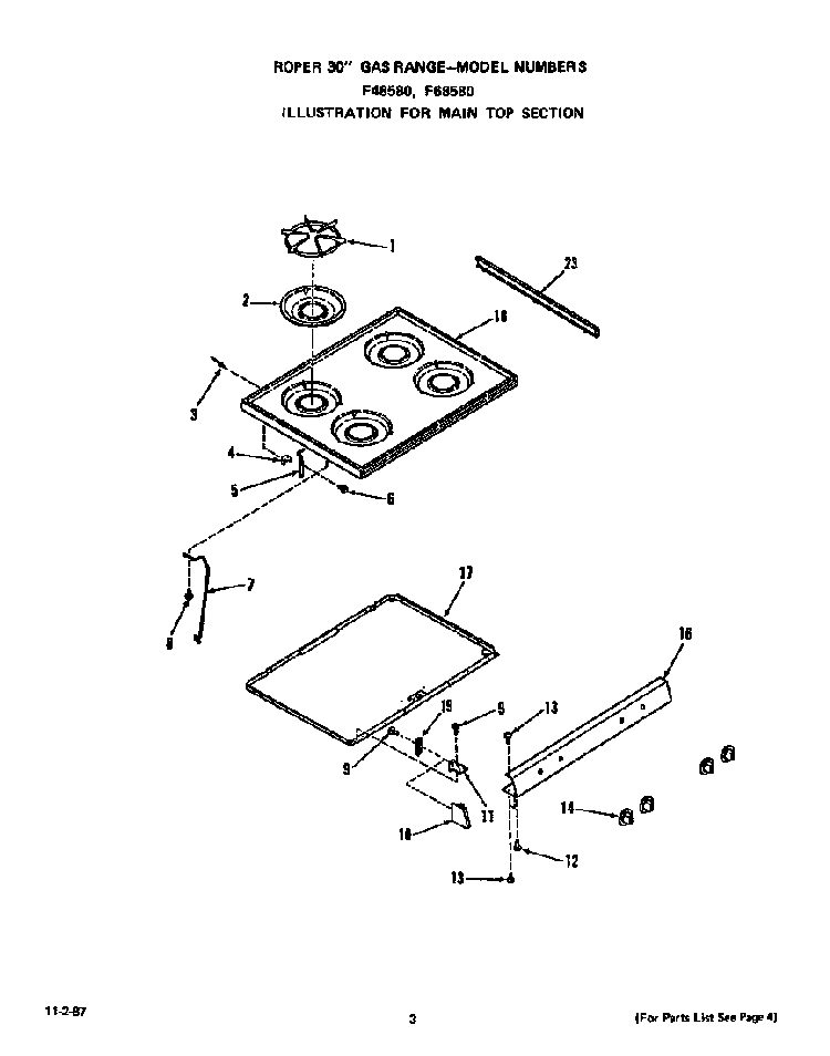 Main Top Diagram and Parts List for F6858*0  Roper Range