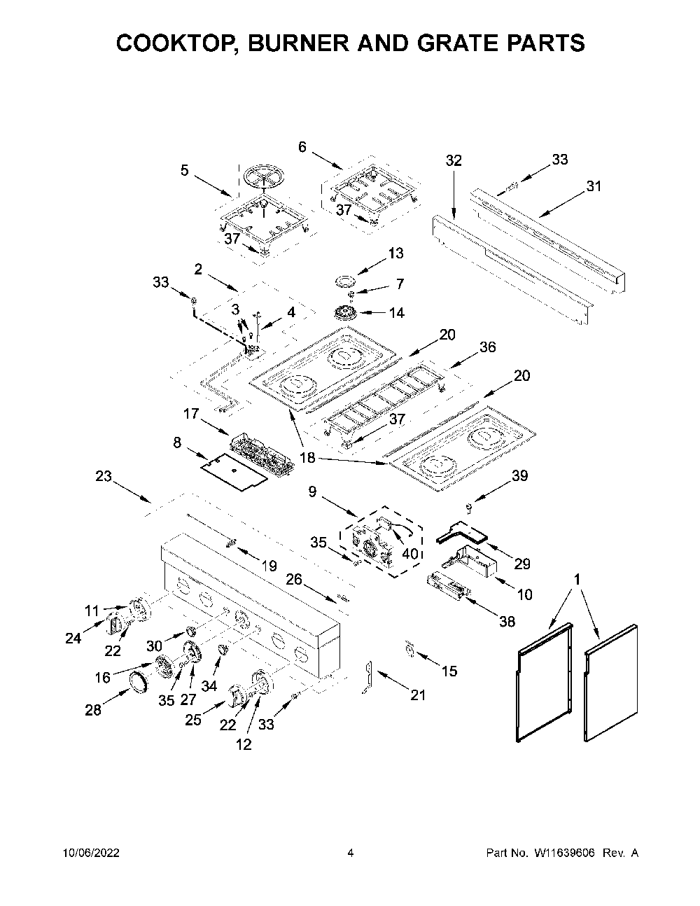Cooktop, Burner And Grate Parts Diagram and Parts List for KFGC500JIB05  KitchenAid Range